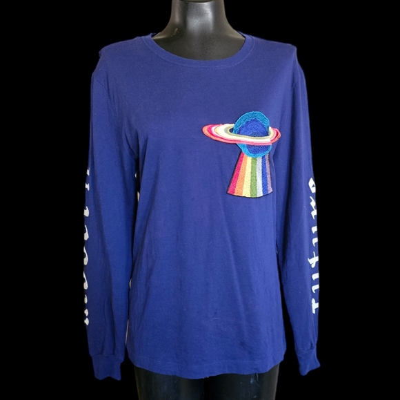 Gucci "Modern Future" Embroidered Long Sleev Dark Blue Shirt Top Sz. XS - Picture 1 of 7